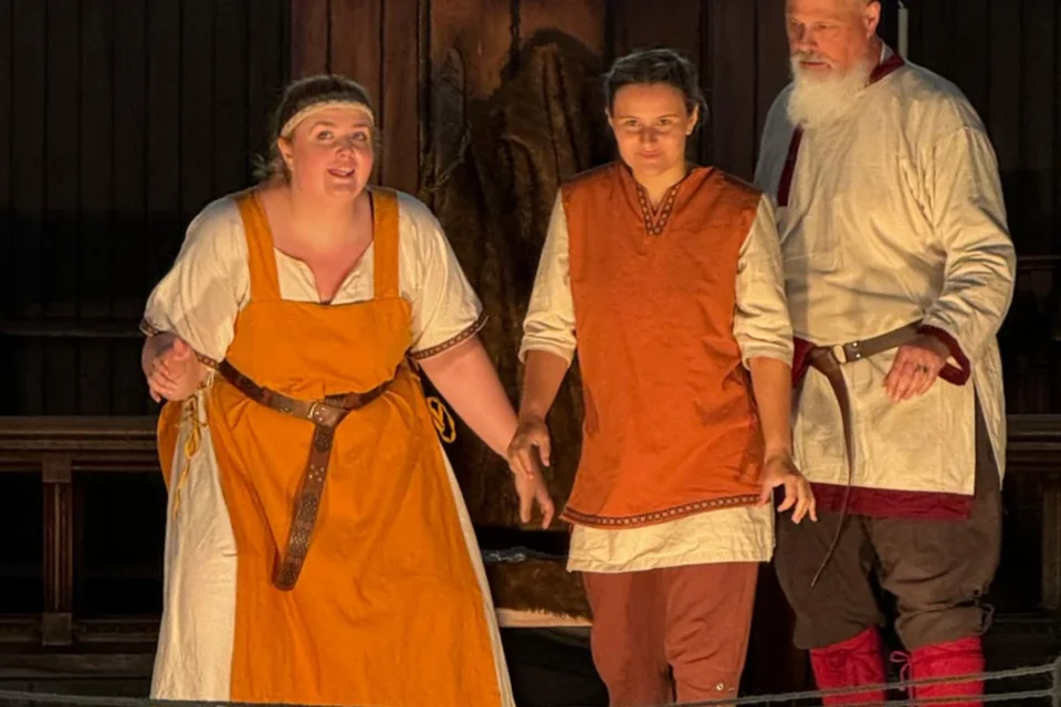Three actors in viking costume stand next to each other, one is telling a story and the other two look full of excitement into the audience.