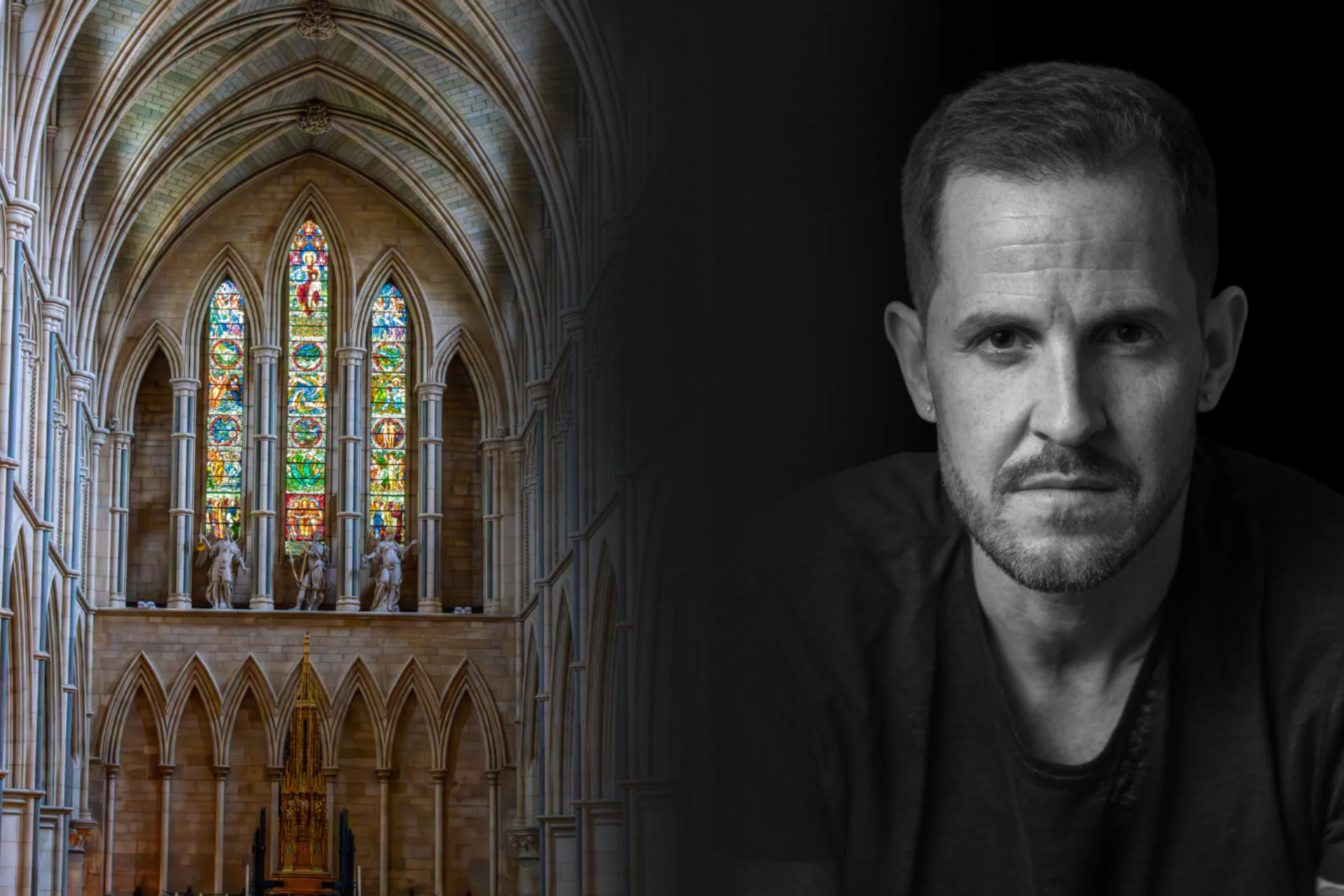 first image is the inside of a beautiful cathedral (West Window), with the camera pointing up the isle towards and multi coloured window., arches frame the left and right of the shot. There is also a black and white mage of a man with tatoos, staring directly at the camera.