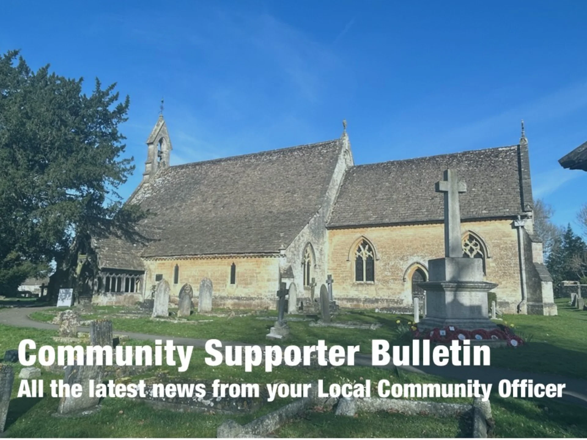 A rural church and graveyard with the words Community Supporter Bulletin