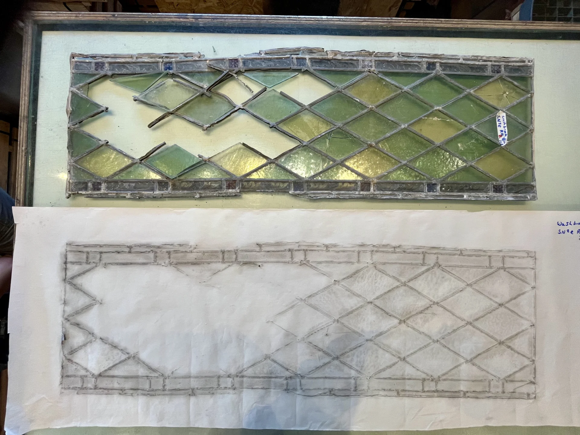 Damaged window form St Mary's, Washbrook and rubbing to be used as template.