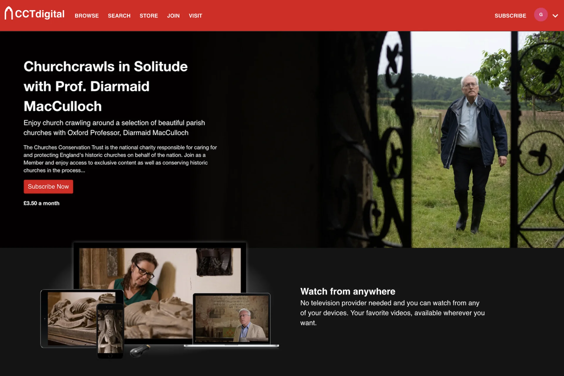 Red banner at top labelled 'CCT digital', a black background and white text below listing programmes, with images of presenters walking through gates, and another touring stone carvings in the church.