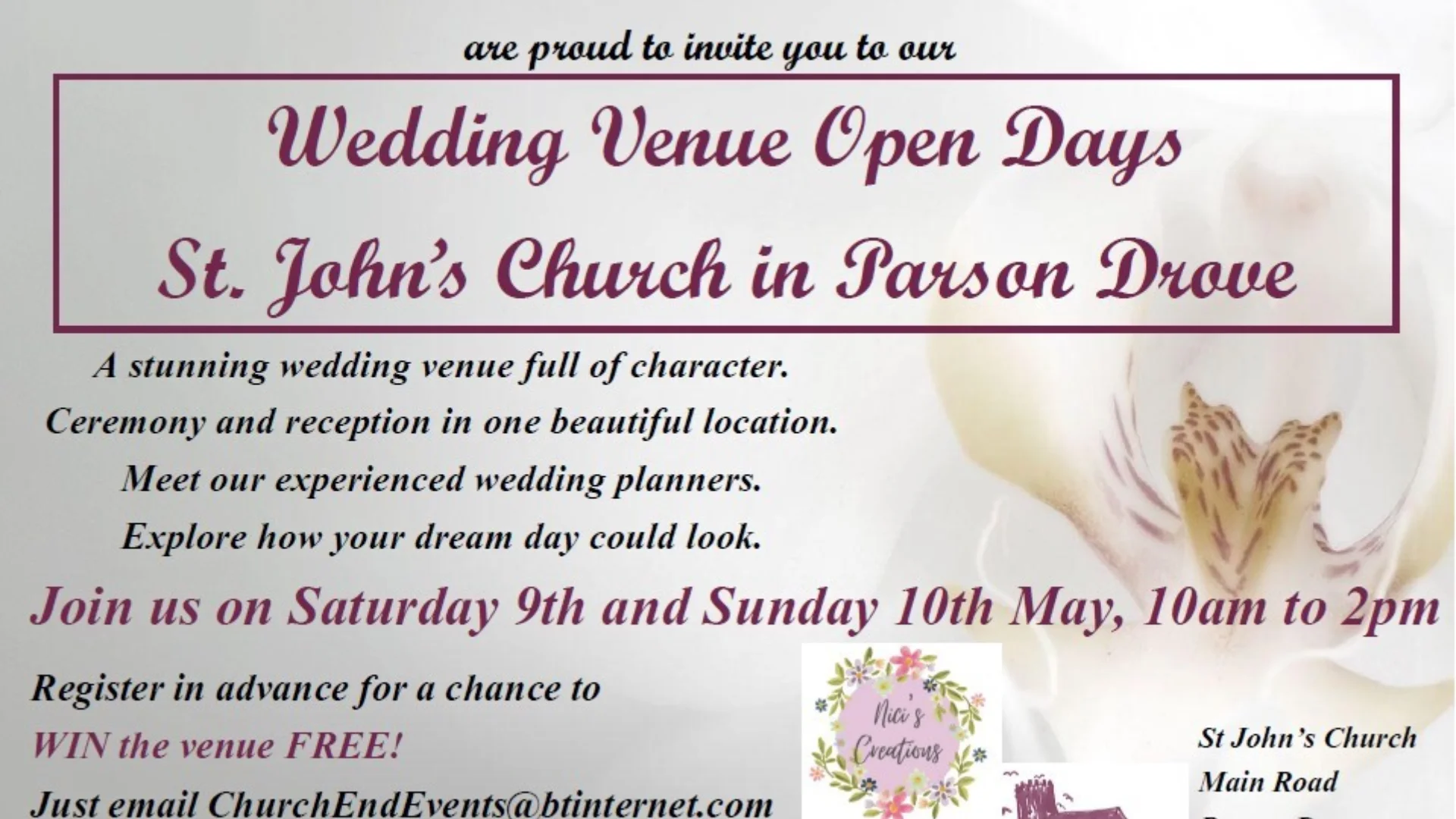 Flyer with a background picture of a faded flower with the text - Wedding Venue Open Days