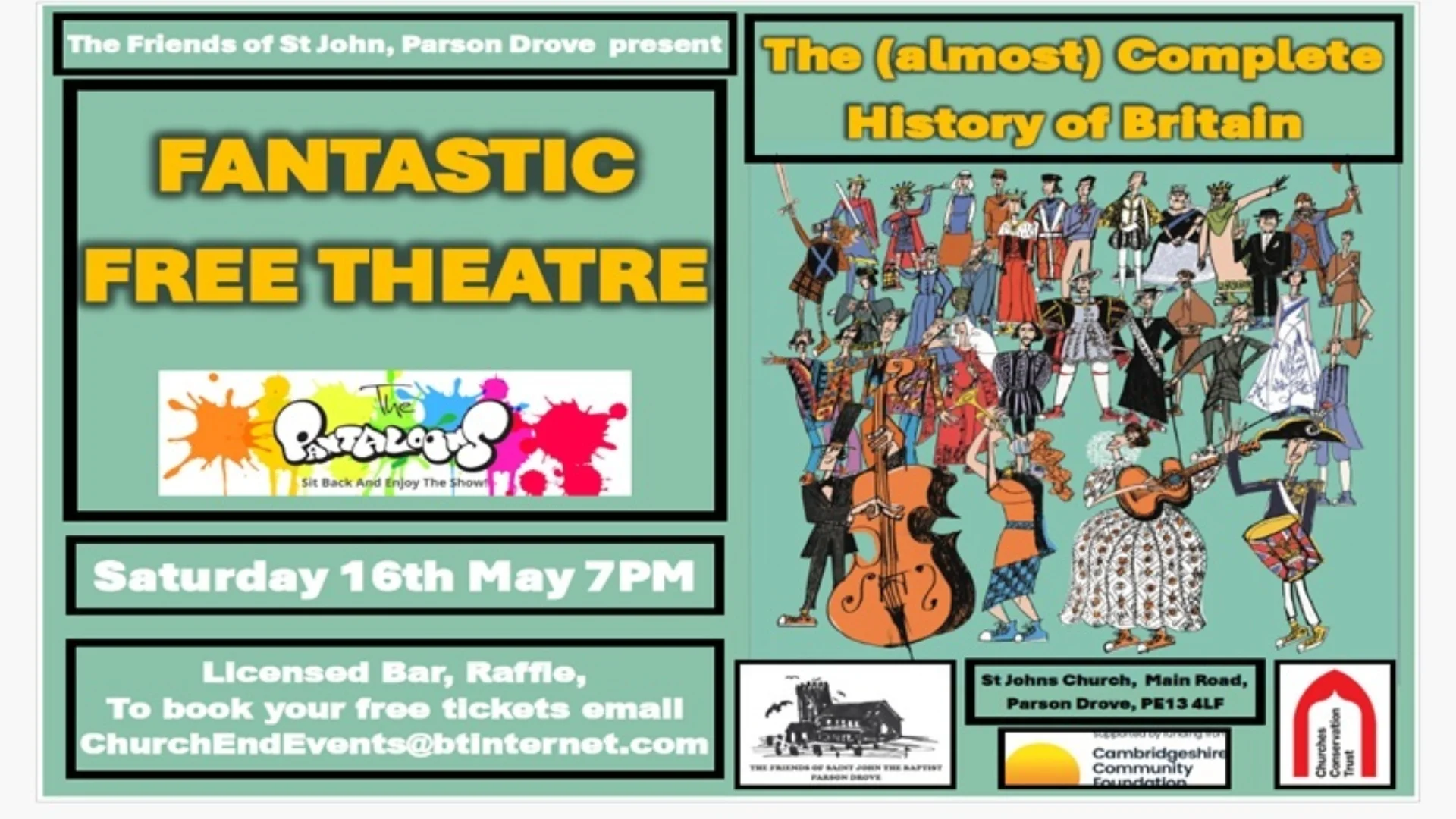 Flyer stating The (almost) Complete History of Britain with illustrations of various historical characters