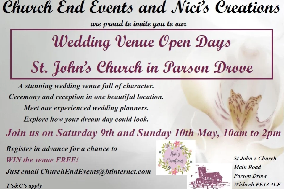 Flyer with a background picture of a faded flower with the text - Wedding Venue Open Days