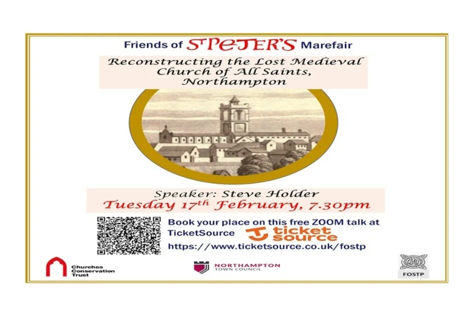 historic drawing of All Saints Church with text - Reconstructing the Lost Medieval Church of All Saints, Northampton