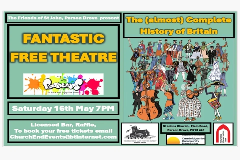 Flyer stating The (almost) Complete History of Britain with illustrations of various historical characters