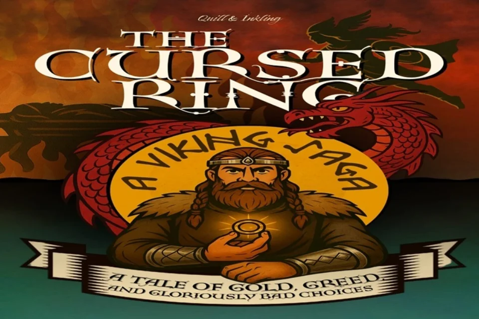 The Cursed ring - a Viking saga. Animated image of a viking holding a ring with a red dragon behind
