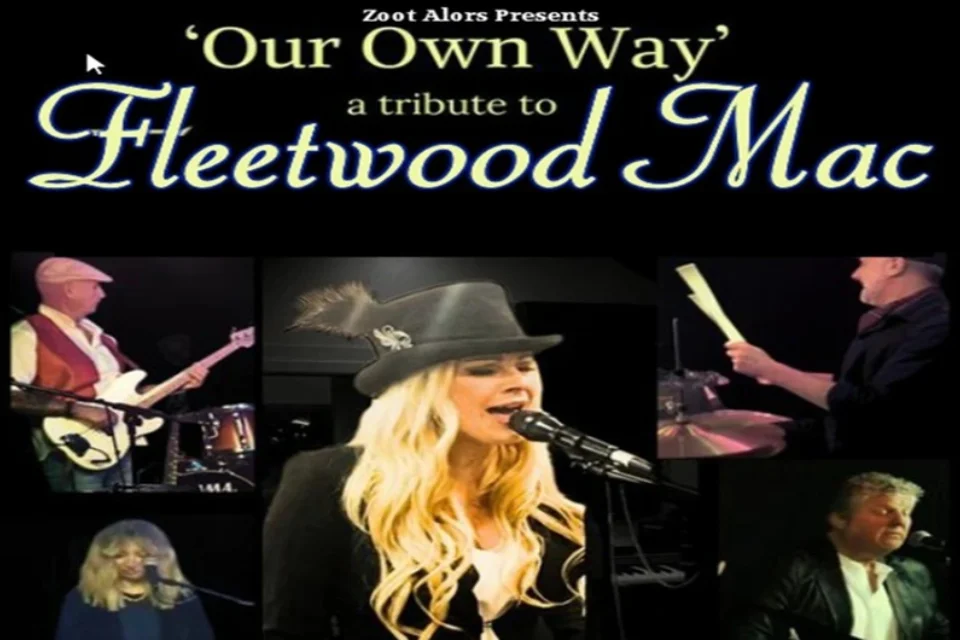 montage of images, blonde haired woman singing into a microphone, man in flatcap and waistcoat playing guitar