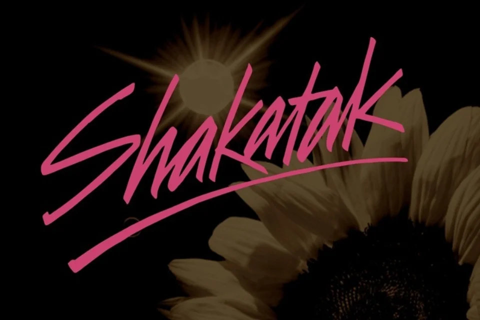 Pink “Shakatak” logo over a dark sunflower and sun flare on black background.