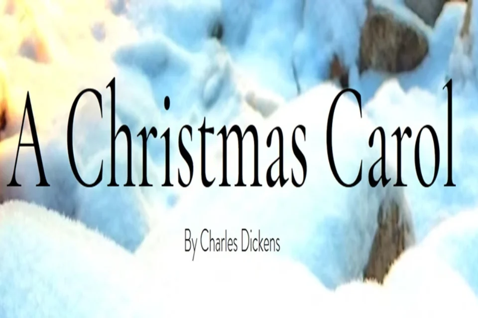 snowy scene with text A Christmas Carol by Charles Dickens