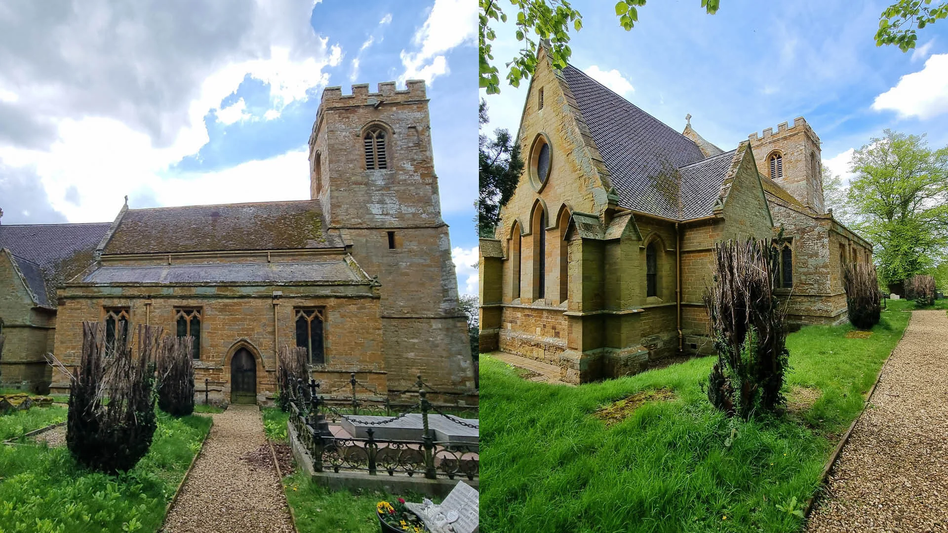 Exterior of yellow stone church with crenelations from front and side
