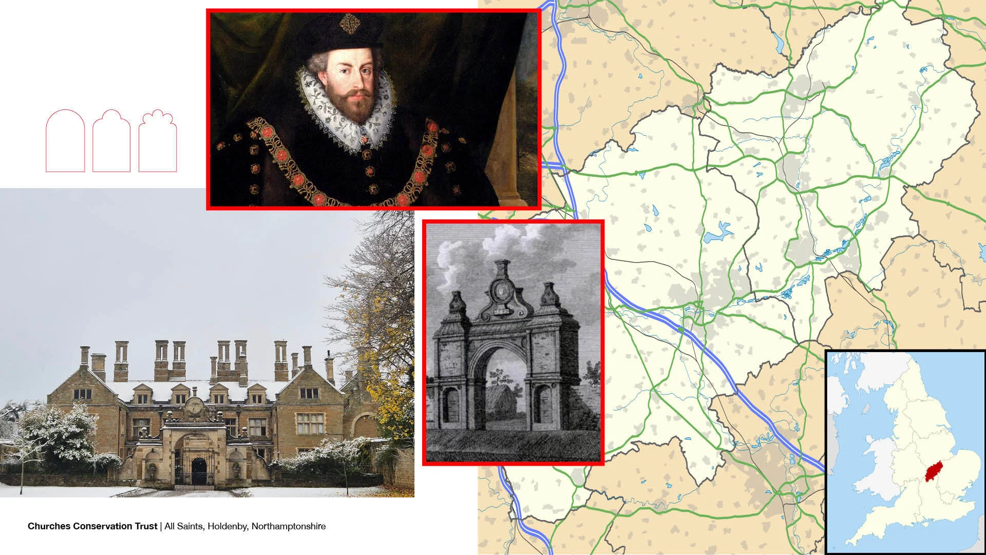 Image to illustrate context of church including map, photo of stone Elizabethan manor house and portrait of tudor man