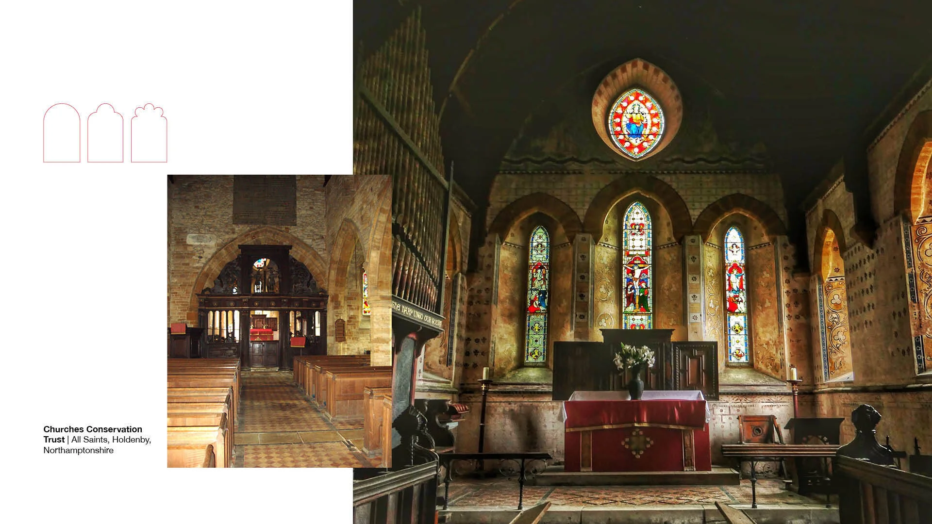 Wideshot of church interior with light shining on walls from stained glass