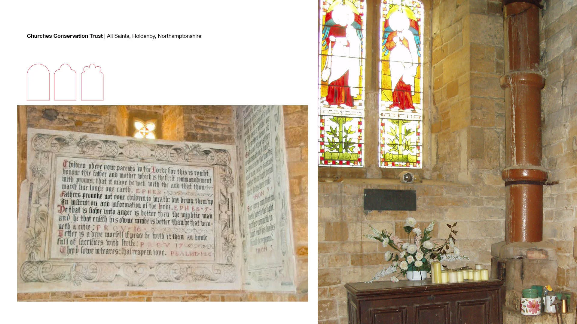 Left: carving of 10 commandments, right: yellow toned stained glass window