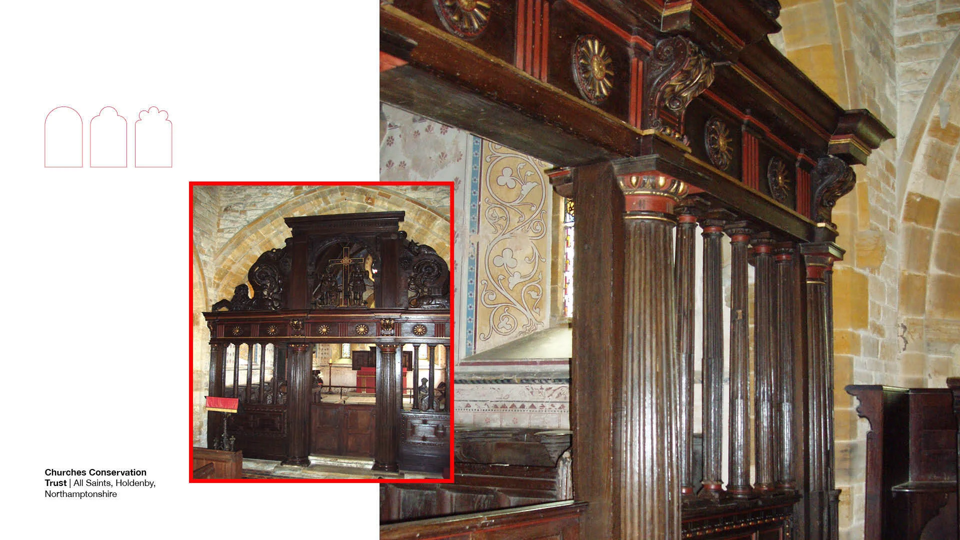 Wooden screen with red and gold paint