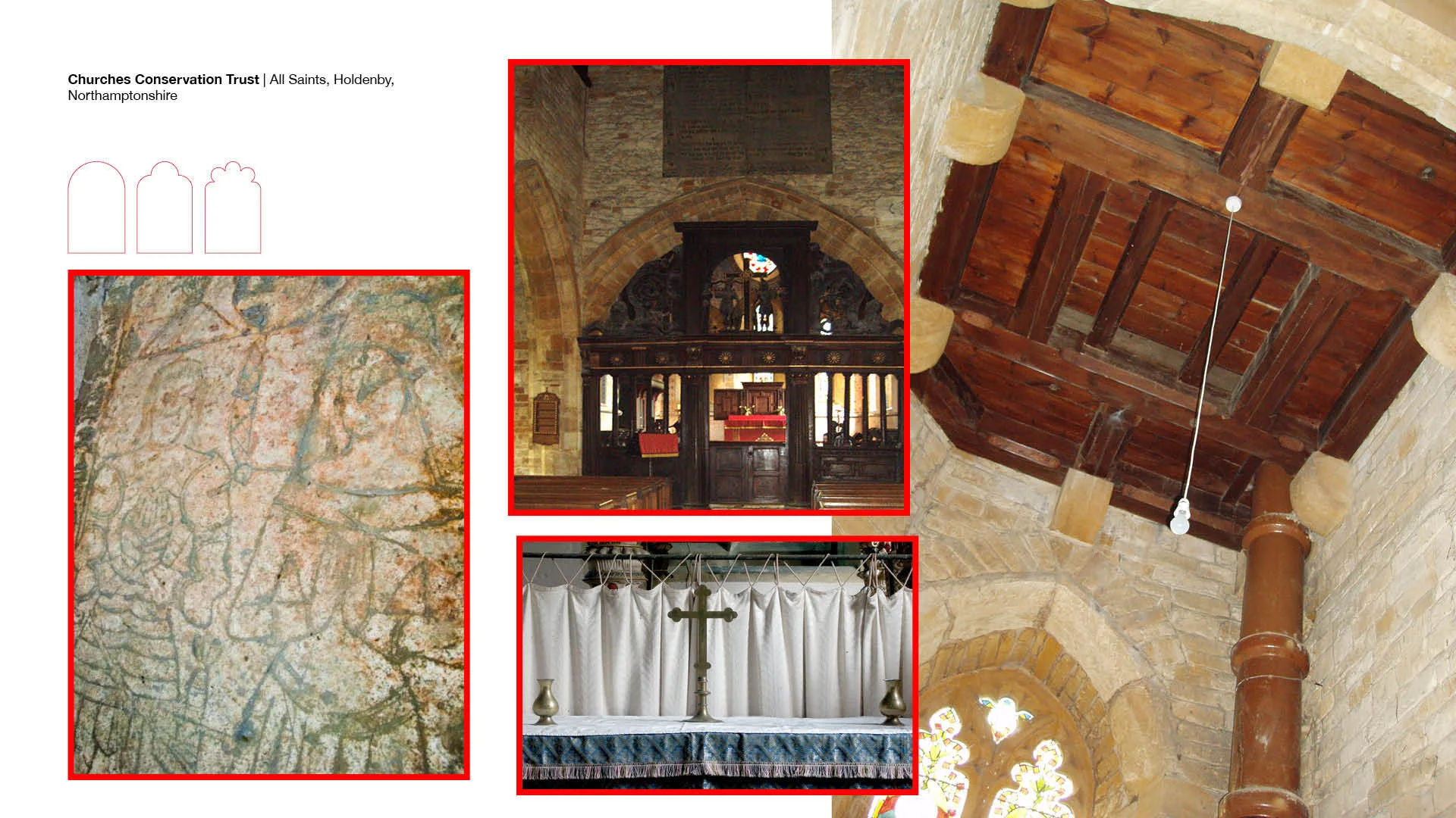 Wallpainting of man and woman, altar, wooden ceiling