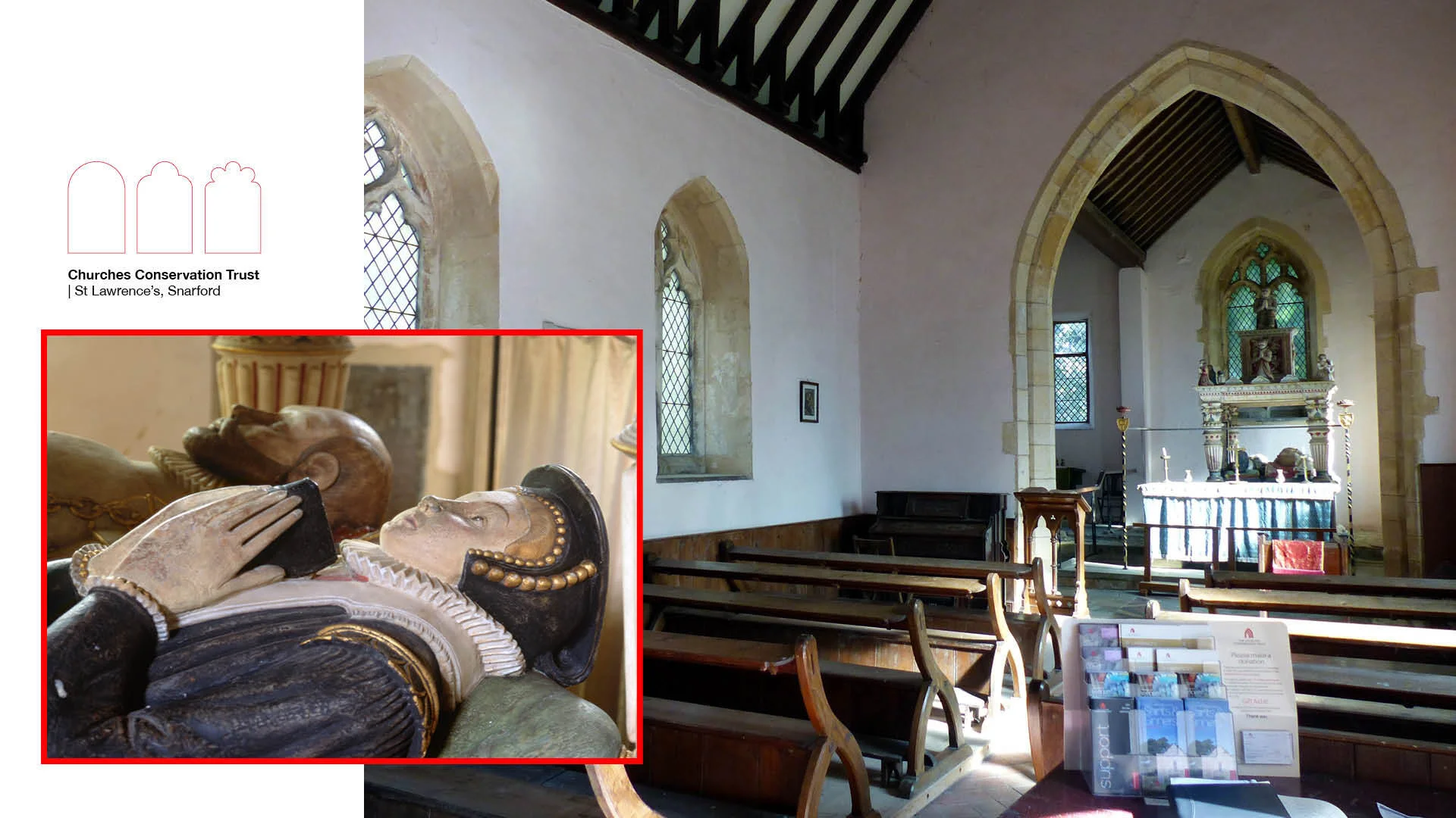 Whitewashed church interior and effigies of Elizabethan couple