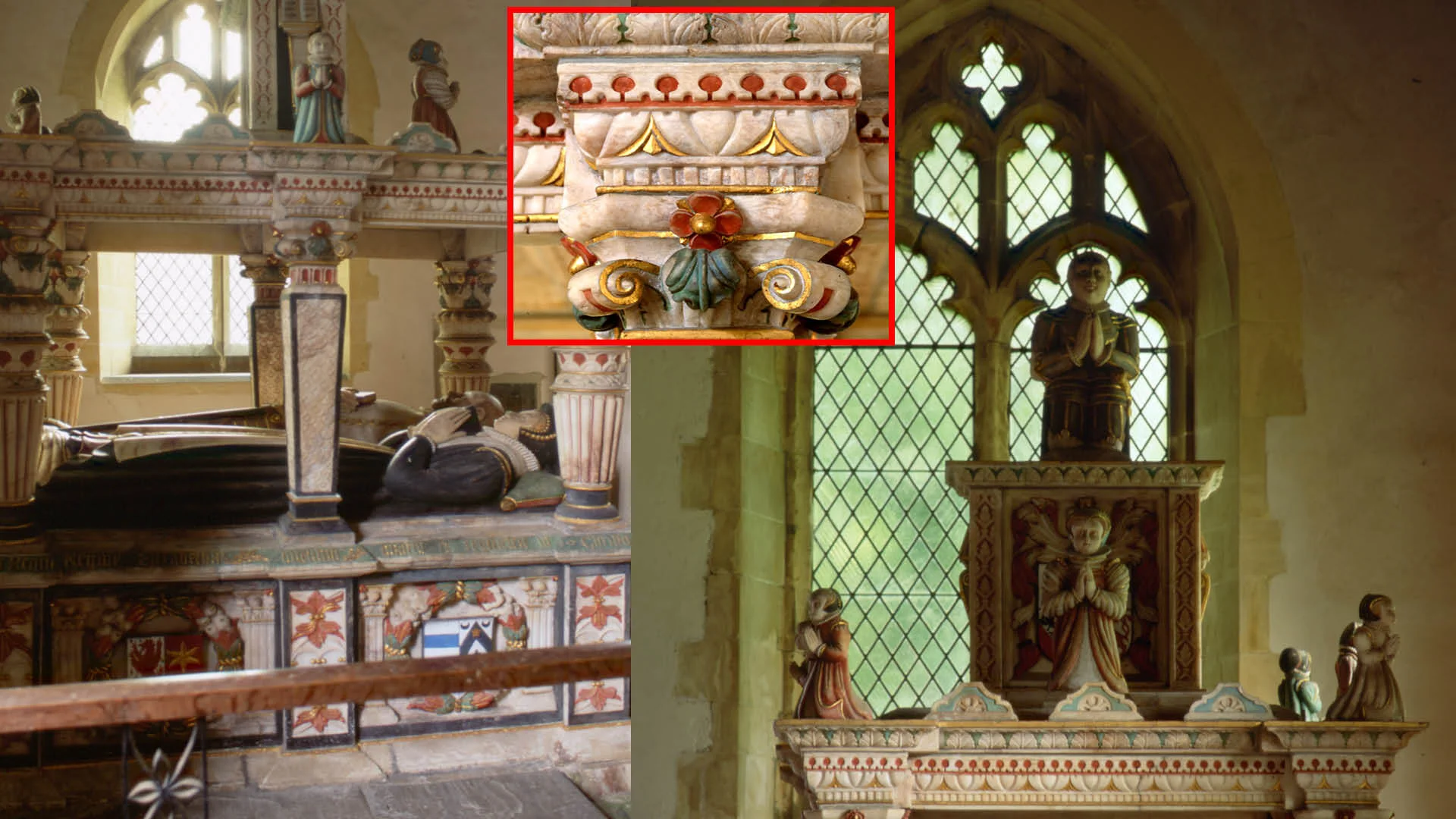 Effigies of Elizabethan couple, painted capital, stone painted angels