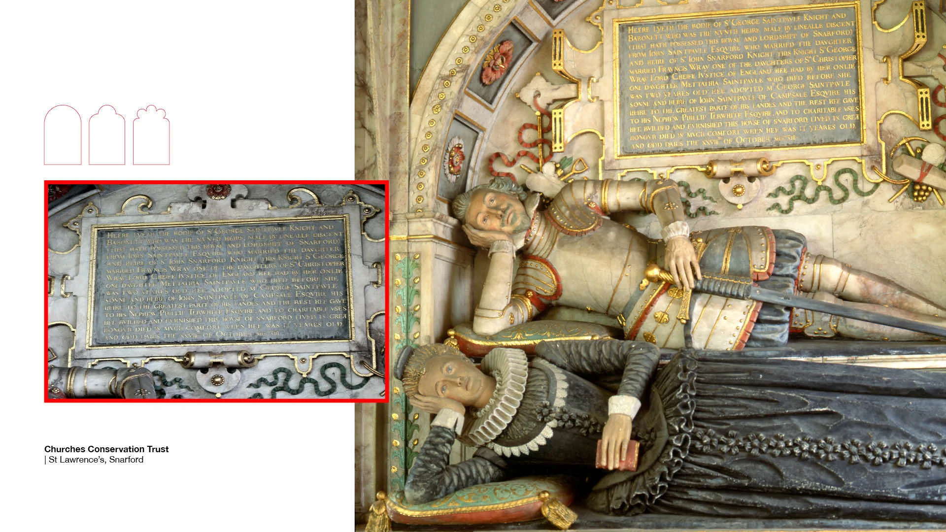 Effigies of Elizabethan couple lying on their sides with heads resting on their hands