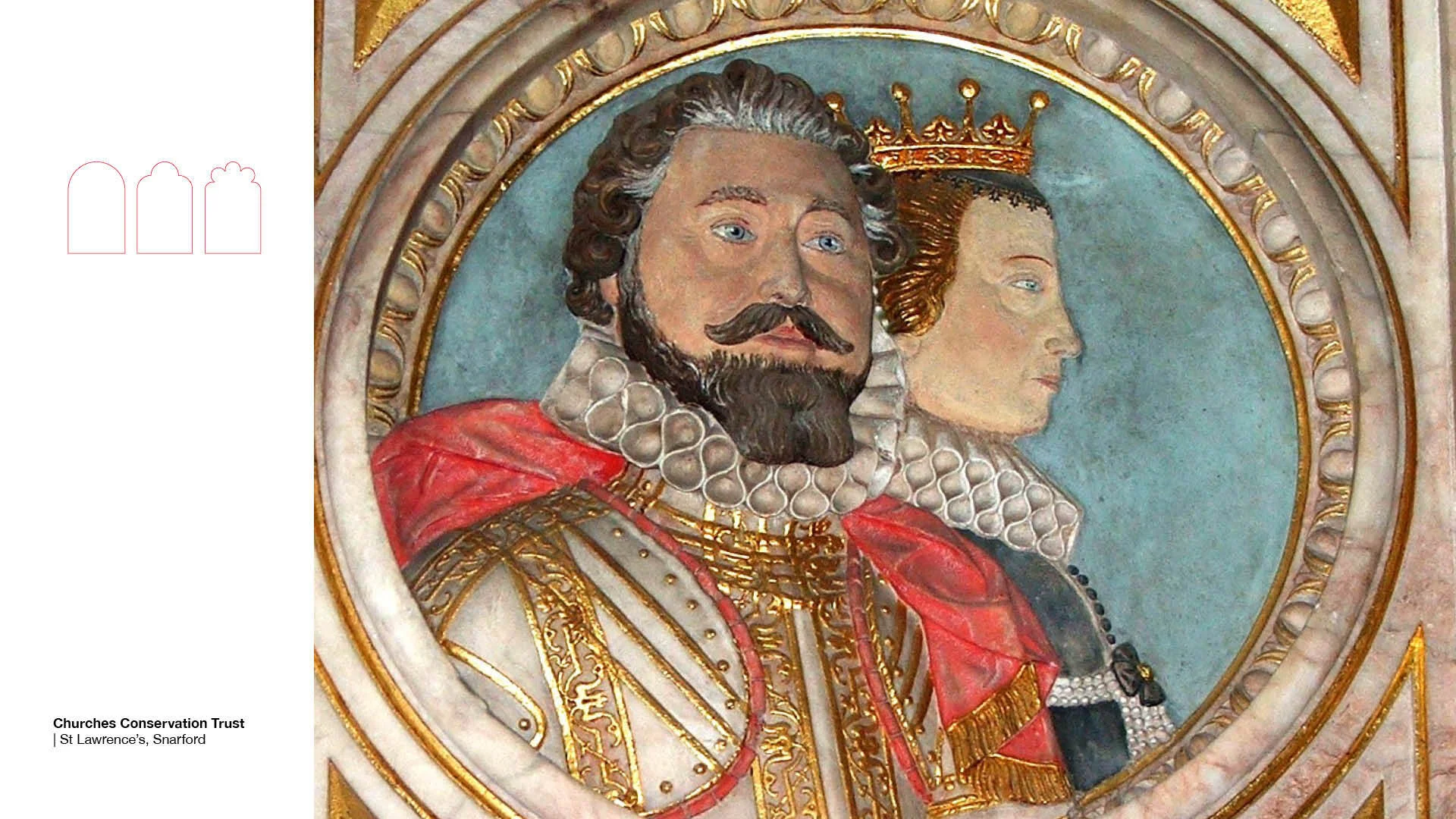 Painting of Elizabethan couple in roundel, woman wears tiara