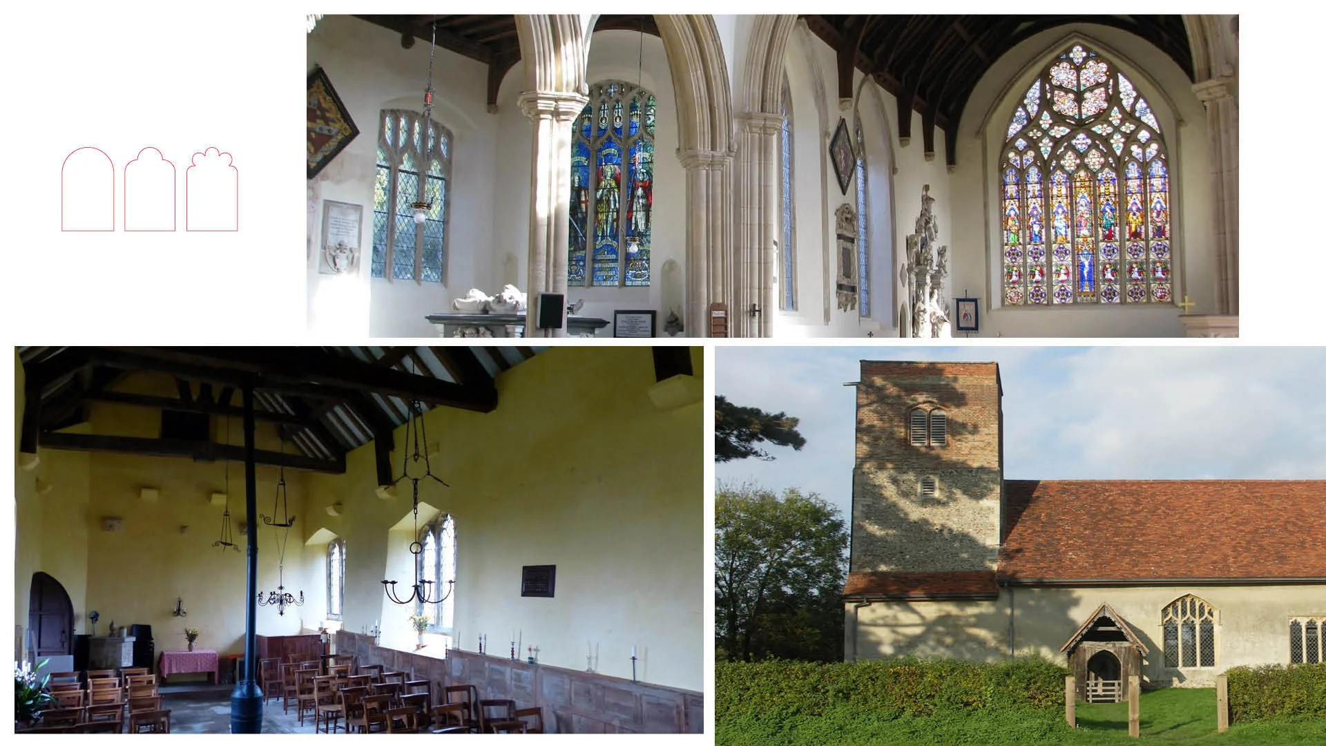 White stone church interior, simple rectangular church with red roof