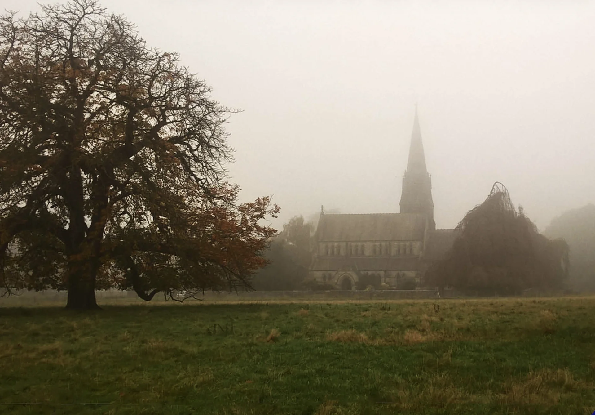 Church of Christ the Consoler in a distant, foggy field