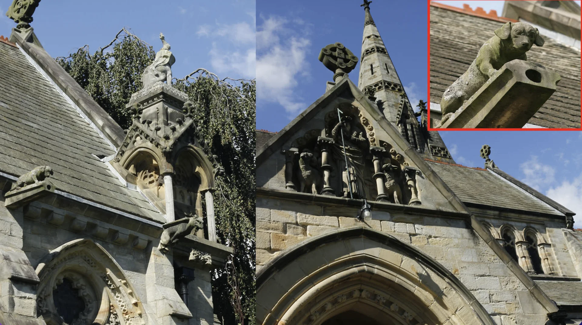 Gargoyles and carvings in the roof of the Church of Christ the Consoler