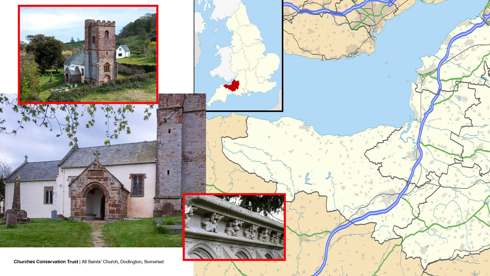 Images of whitewashed church and map showing location