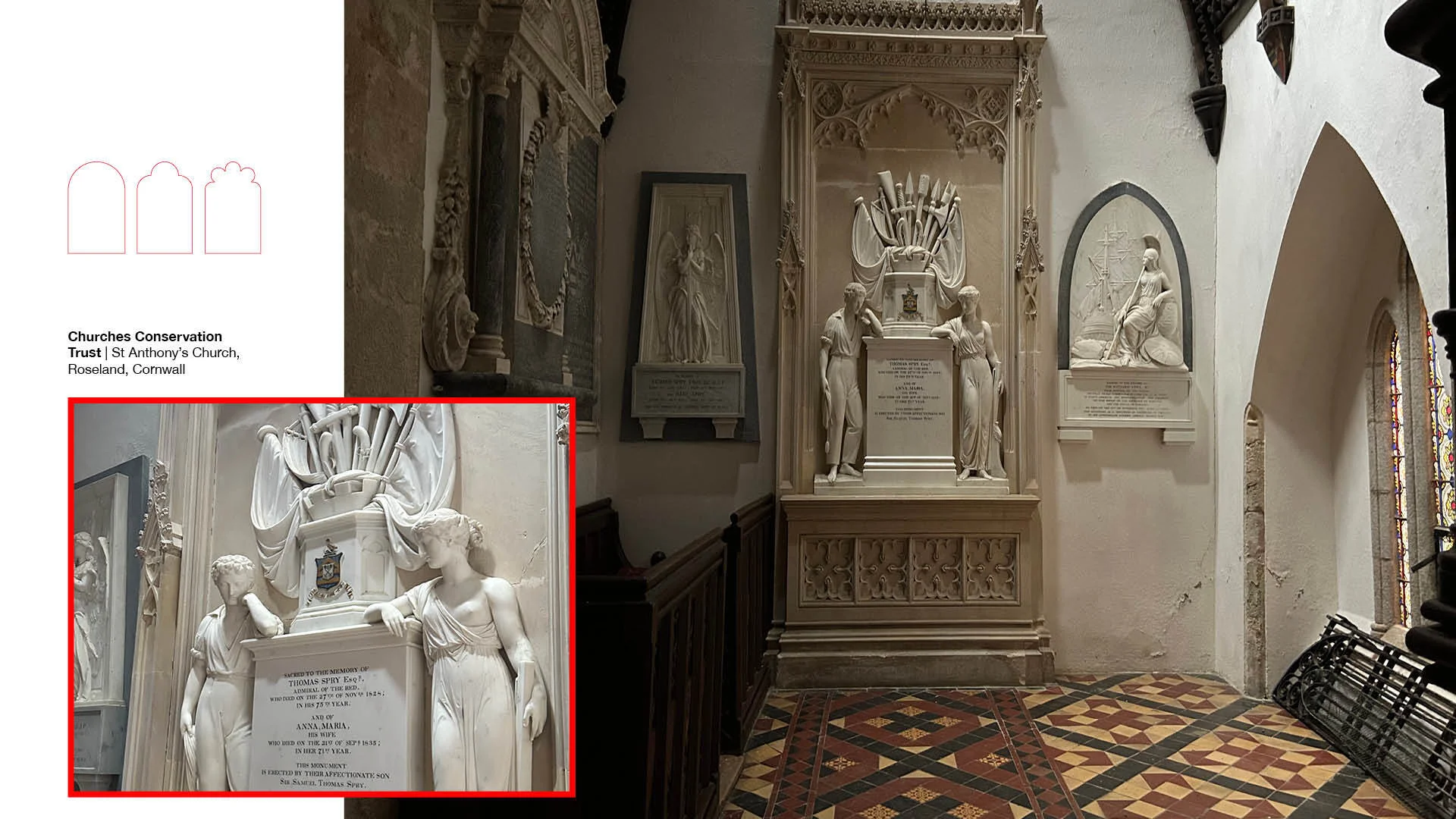 Memorial inside church depicting a man and woman and weapons