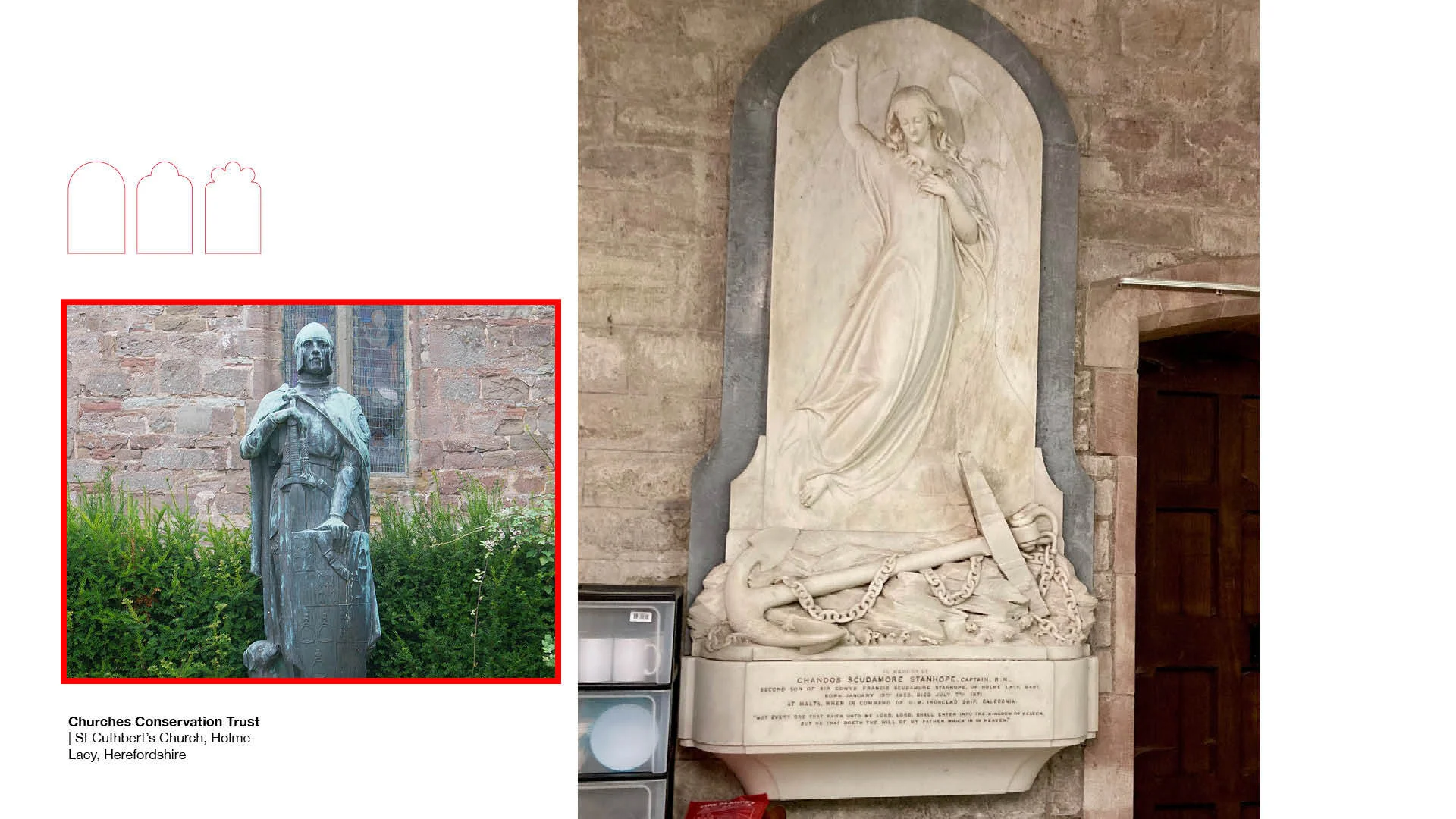Two memorials at Holme Lacy including a statue of a knight and carving of an angel
