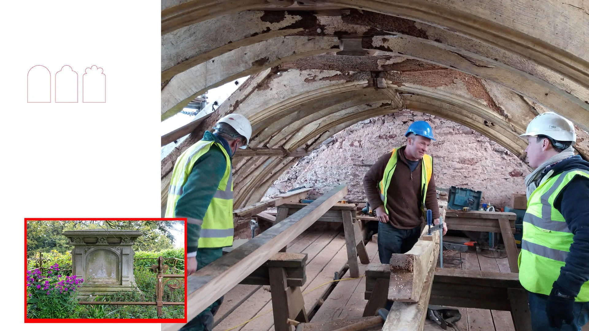 Conservation workers at work in a church ceiling
