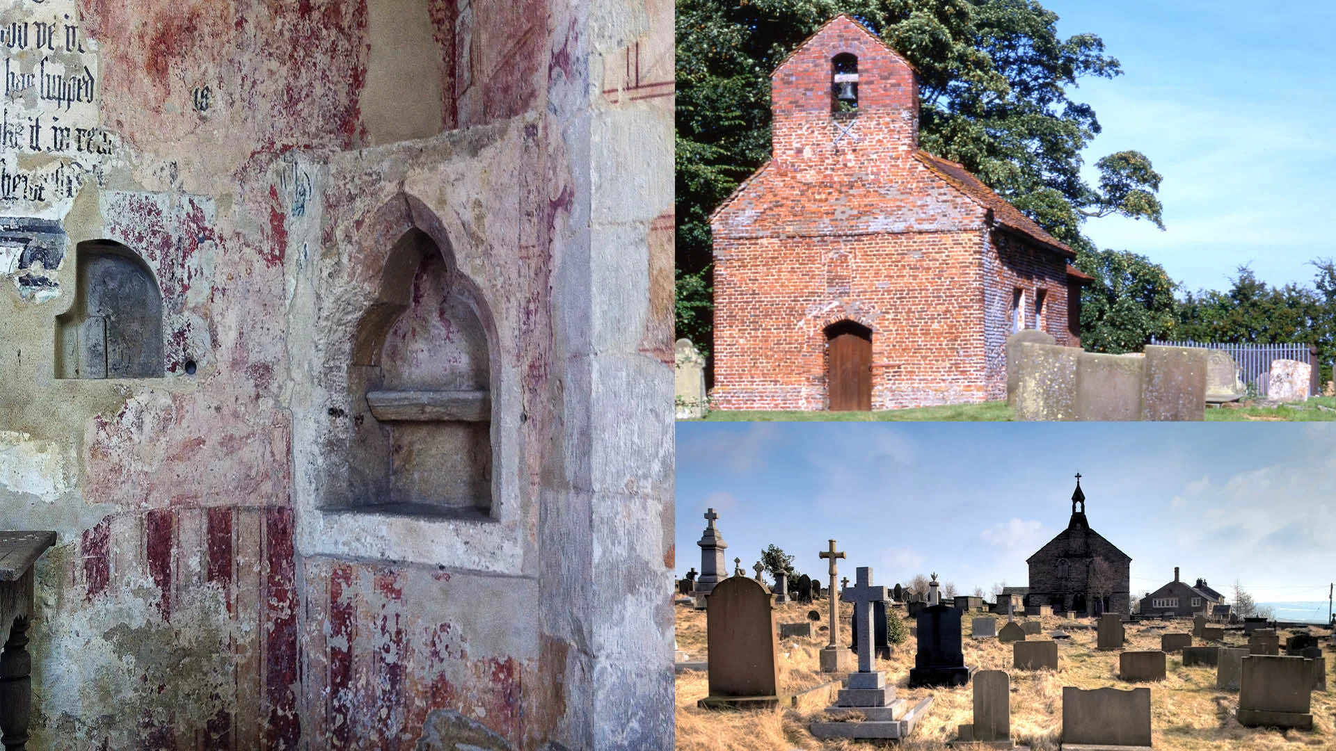 Three churches including one interior, one red brick and one churchyard