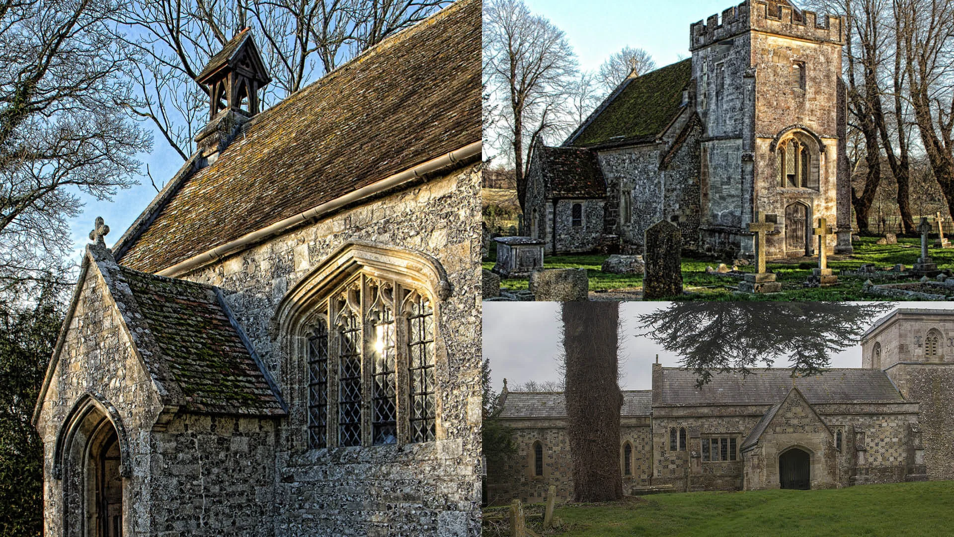 Three stone churches made of uneven grey stone
