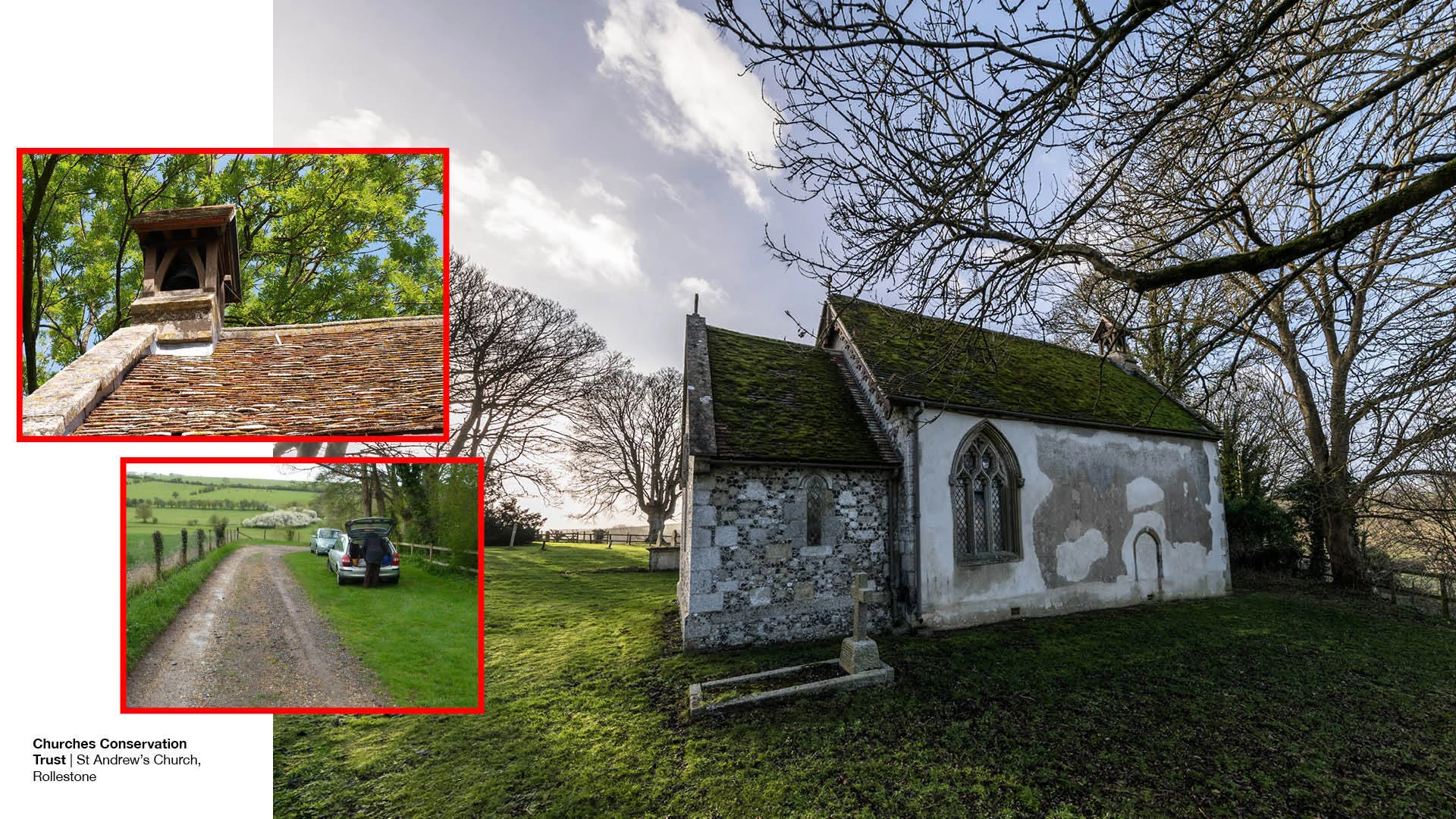 Exterior of a stone church with a shingle roof