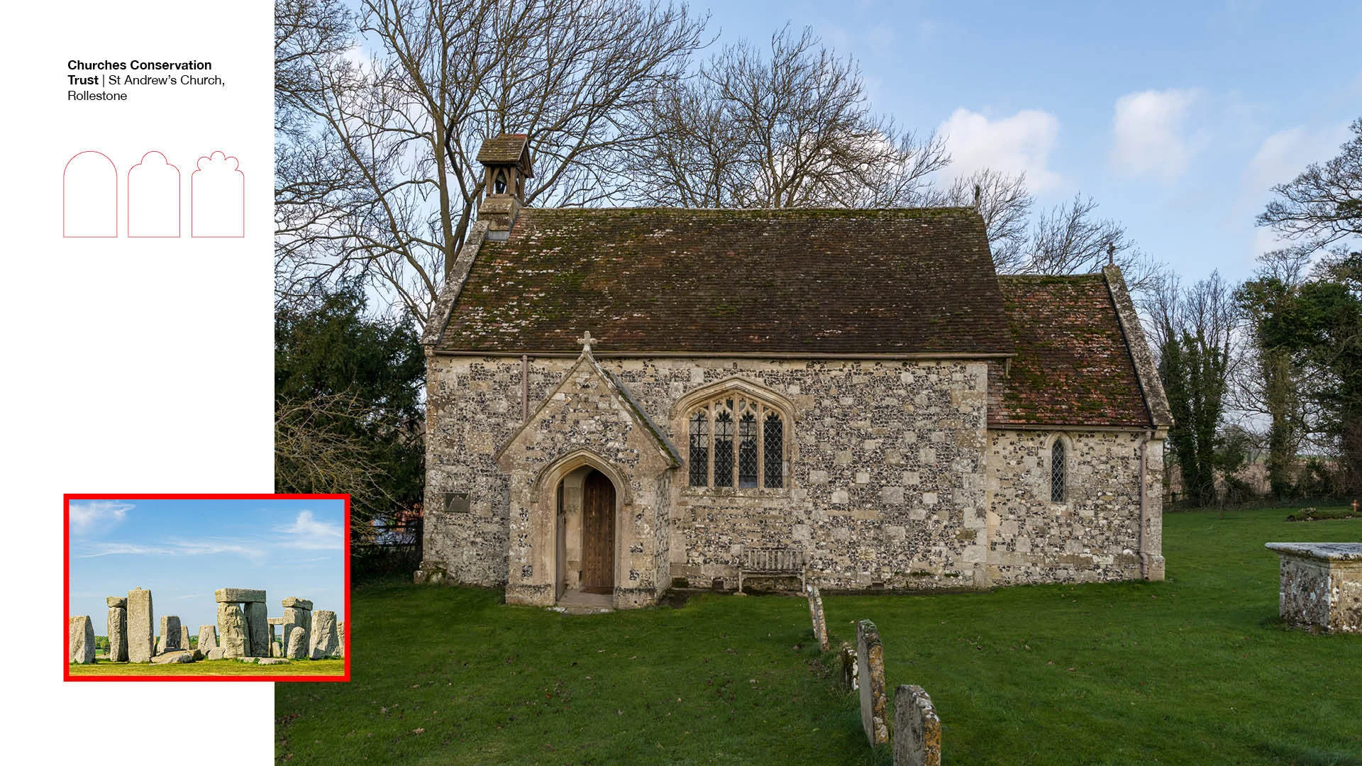Exterior of small grey stone church without tower.