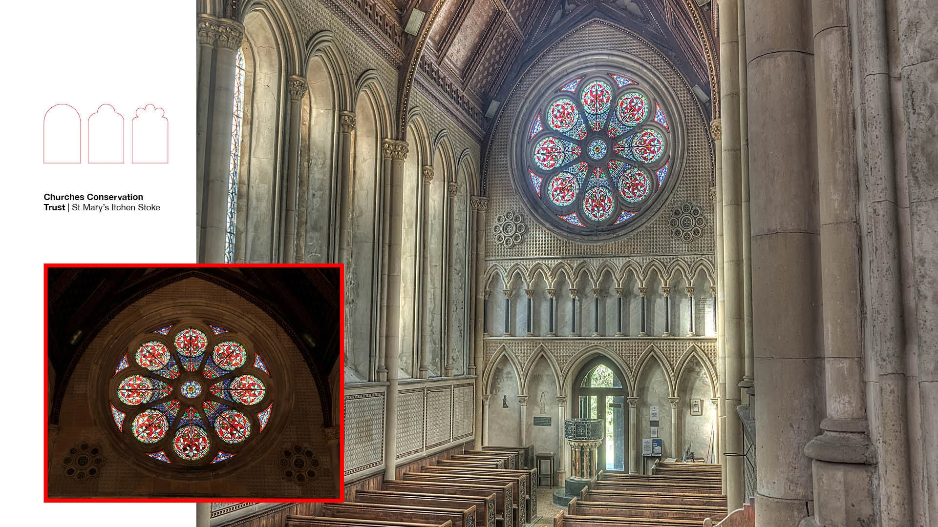 Church interior with rose window, arched stonework and pews, plus inset close-up of stained glass