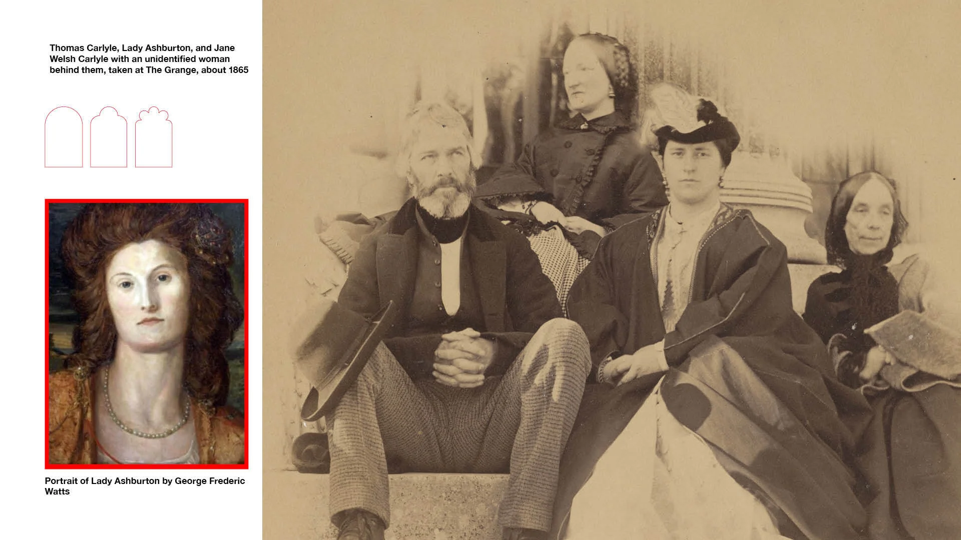 Historic sepia group portrait with inset painted portrait of a woman, both from 19th century.