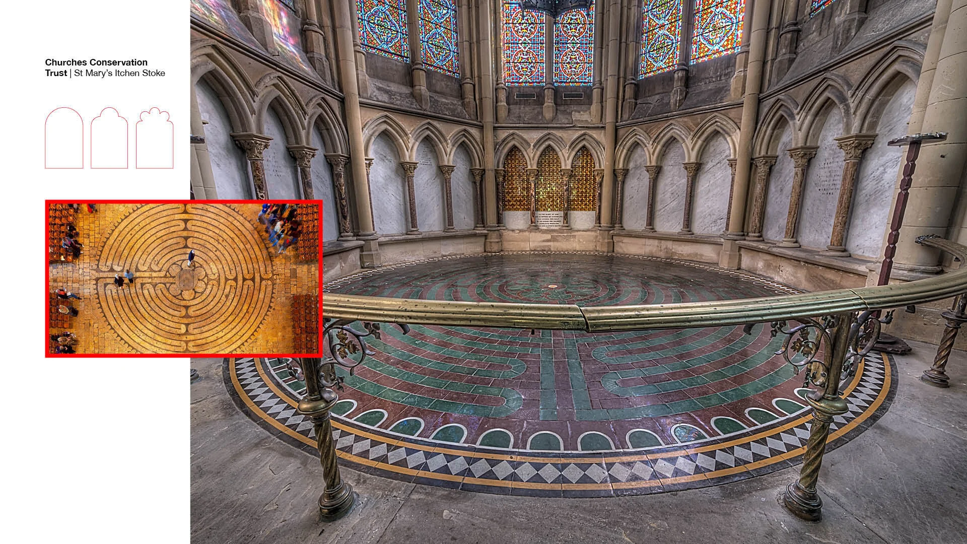Circular patterned floor inside church apse with stained glass above, plus inset of labyrinth pavement.
