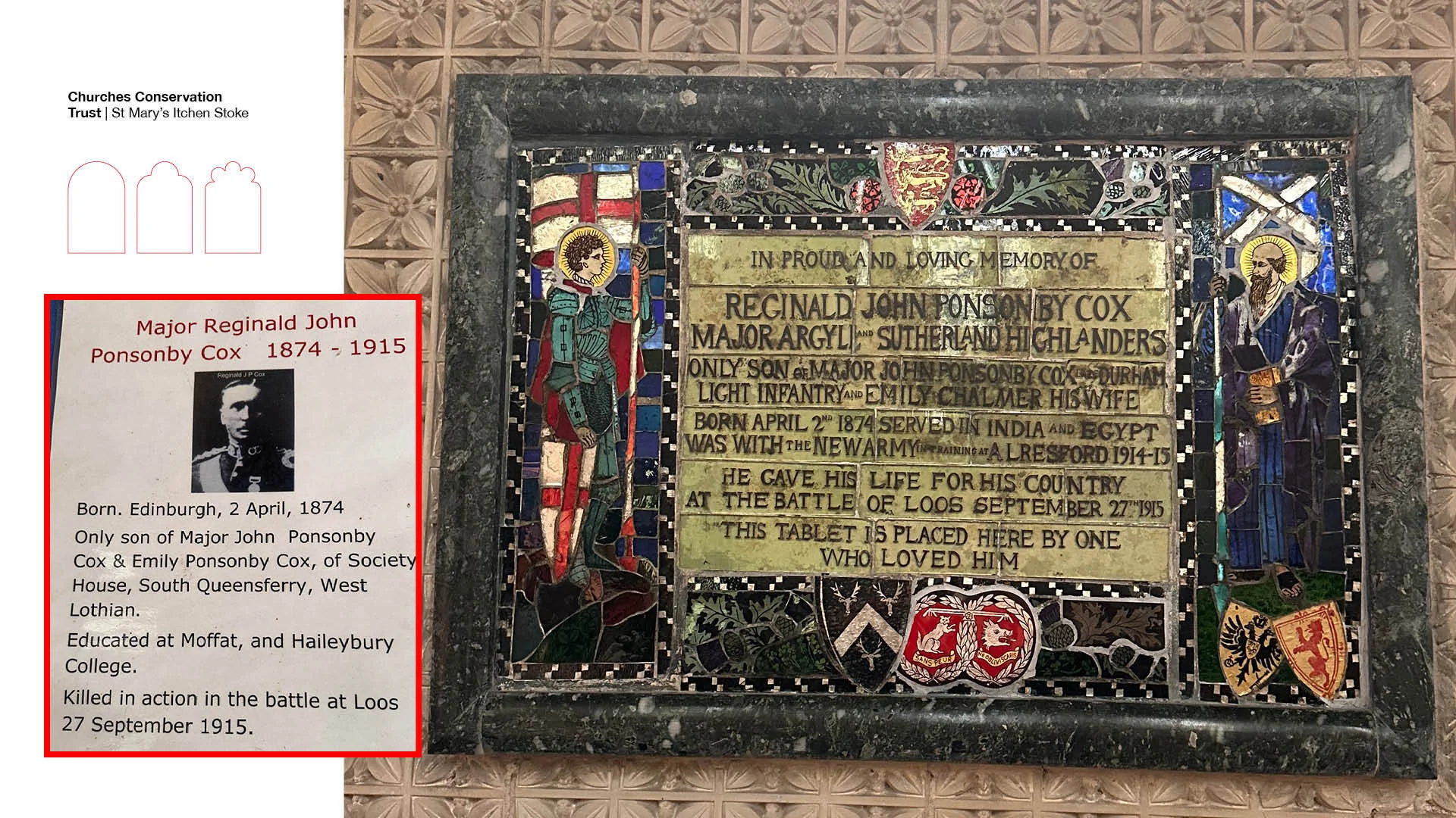 Decorative memorial plaque with coloured figures and inscription, plus inset biography panel of a fallen soldier.