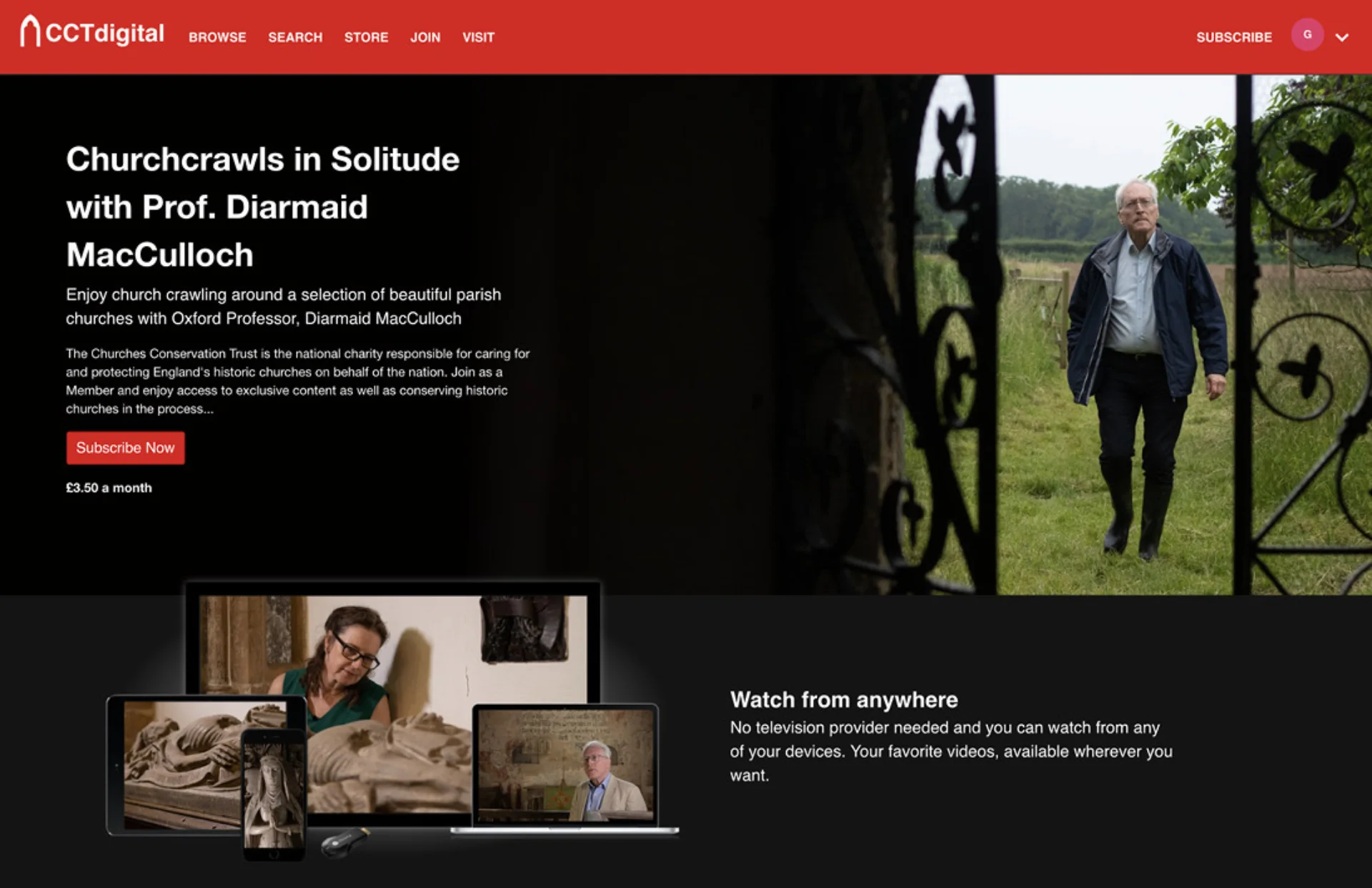 Screenshot of CCTdigital, CCT's online video streaming platform, including video on churchcrawls