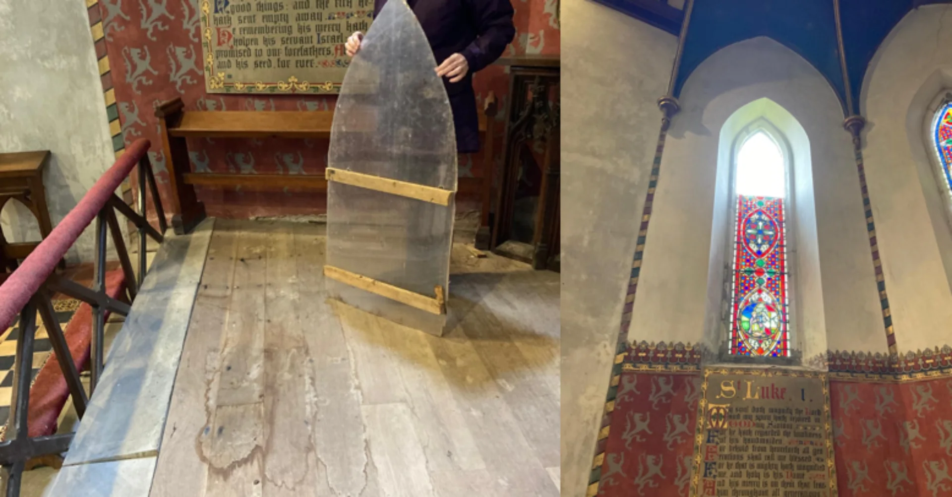 Stormy weather blew out temporary window covering at St Mary the Virgin, Yazor