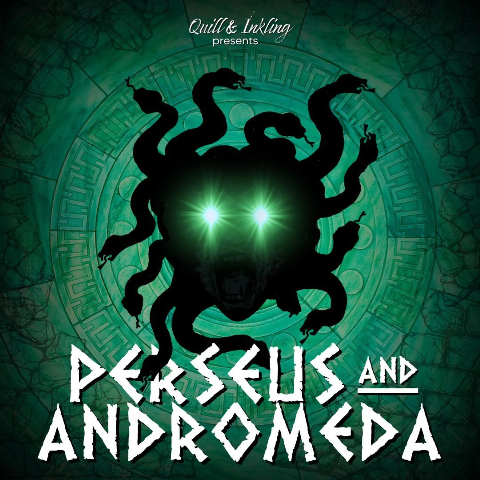 the text Perseus and Andromeda is at the forefront of a head with snakes coming from it. There are glowing evil eyes and a green background