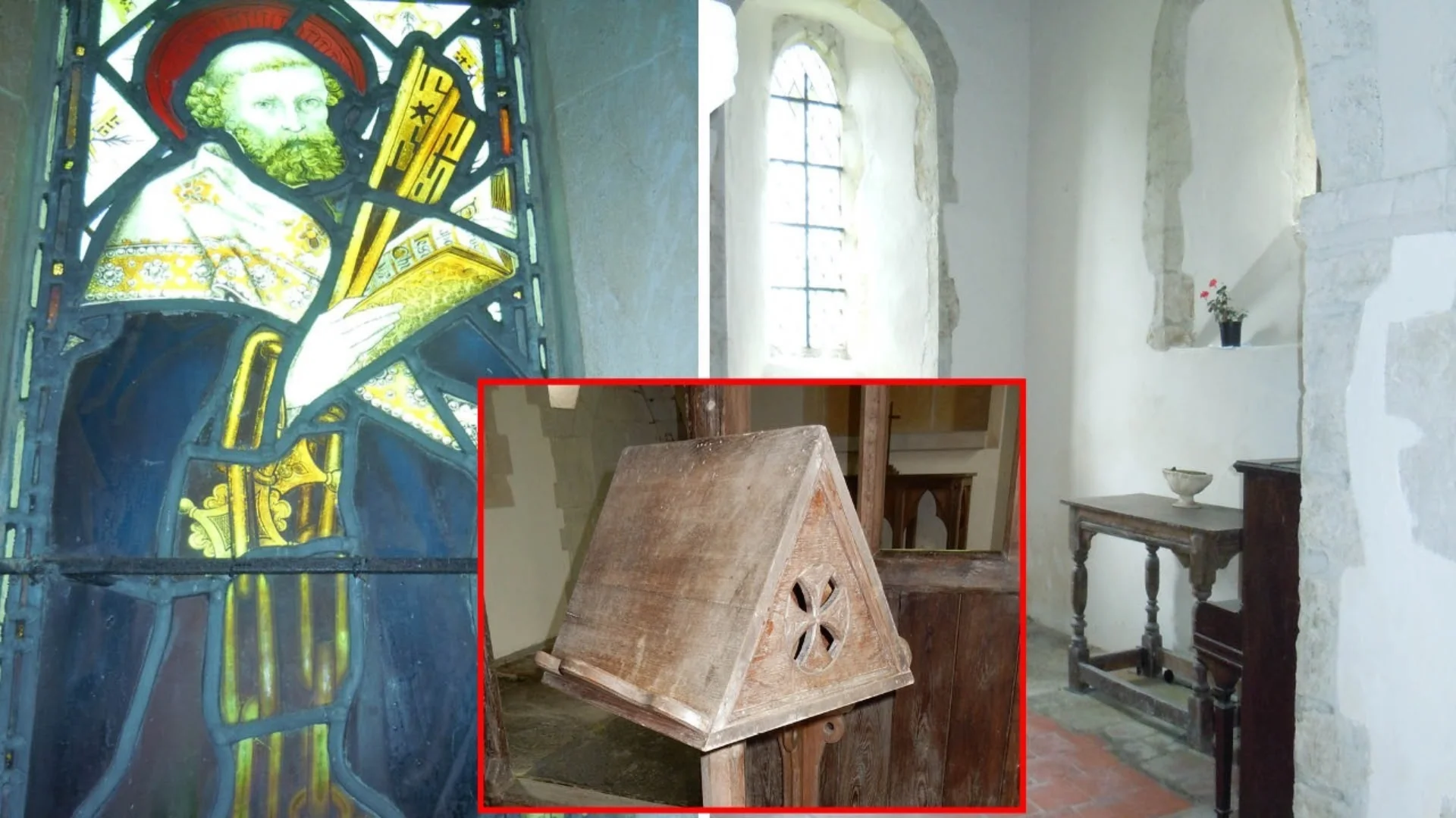 Interior of Church of St Peter ad Vincula in Colemore highlighting window and internal features.
