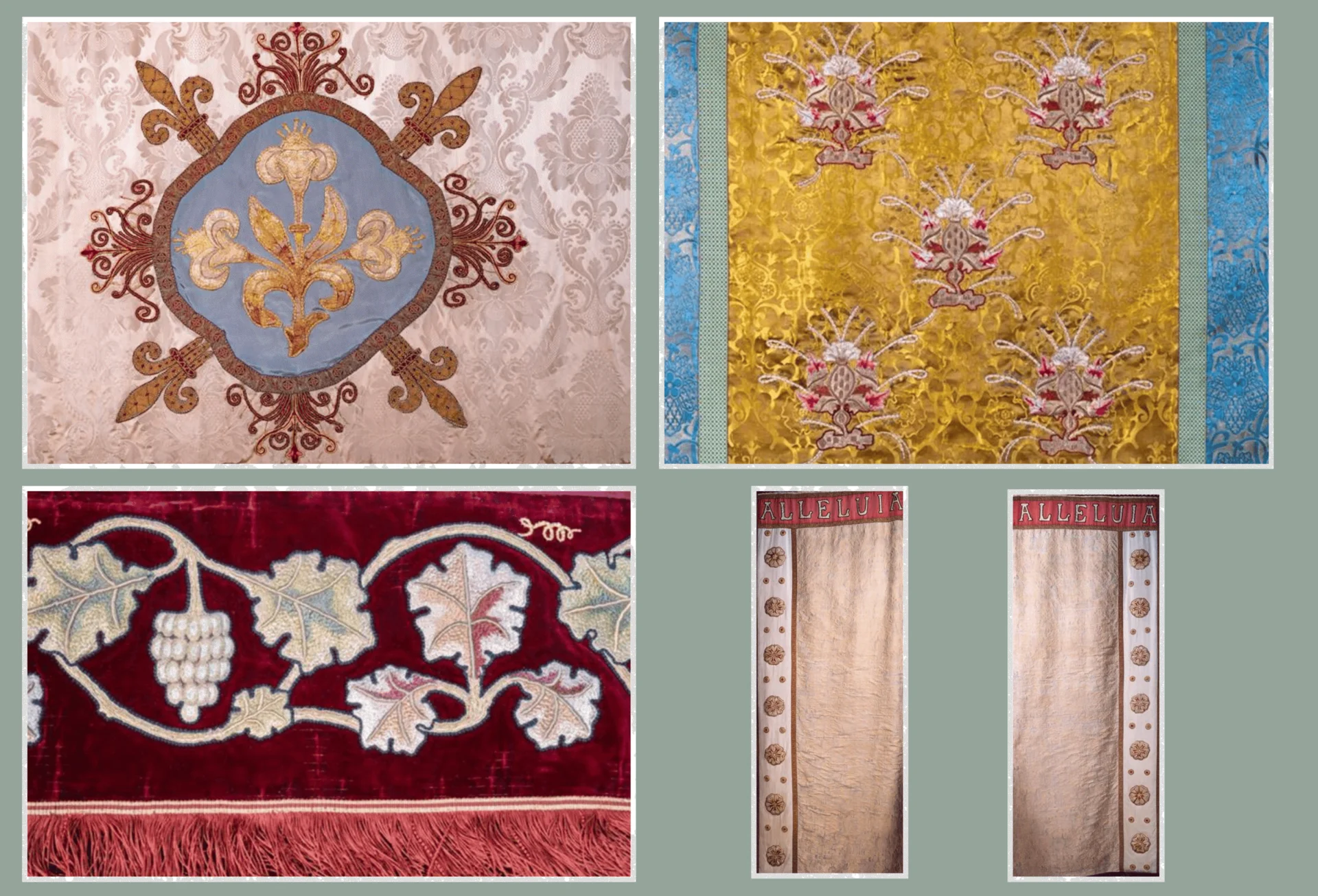Photographs of conserved church textiles. Top left: altar cloth with gold floral design on blue background, surrounded by bronze border, with cream floral background; top right: brightly coloured altar hanging, main background luminous gold with pink floral embroidery, teal border at either end; bottom left: red velvet altar hanging with gold and red embroidery of grape vine, with red fringing at base; bottom right: pair of cream altar curtains with the words "alleluja" embroidered in gold on red upper border, side borders on external sides embroidered with roses in red and gold, each rose noticeably slightly different in design and execution.