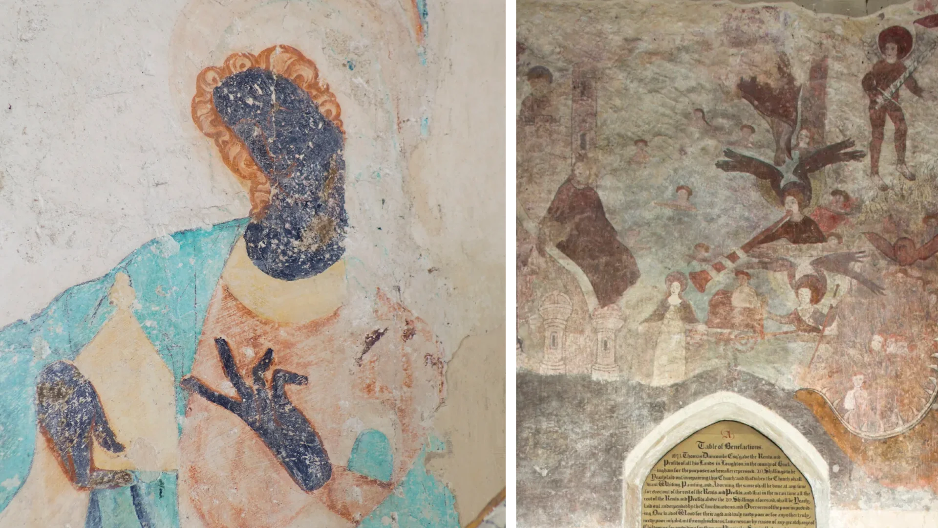 Wall paintings depicting Mary Magdalene (left) and doom scene with angels on right