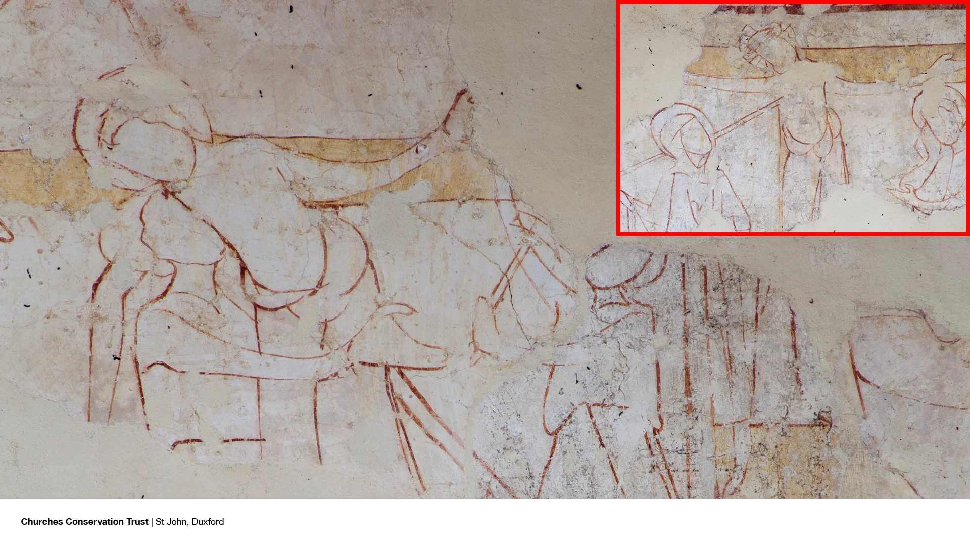Wall painting showing line drawing in red of Joseph of Arimathea