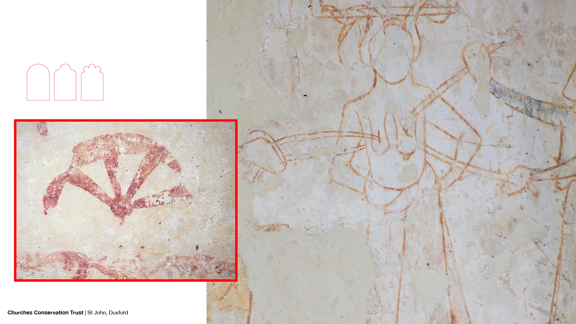 Wall paintings made in red pigment of a wheel on the left and of a woman being pierced in the chest by swords on the right.
