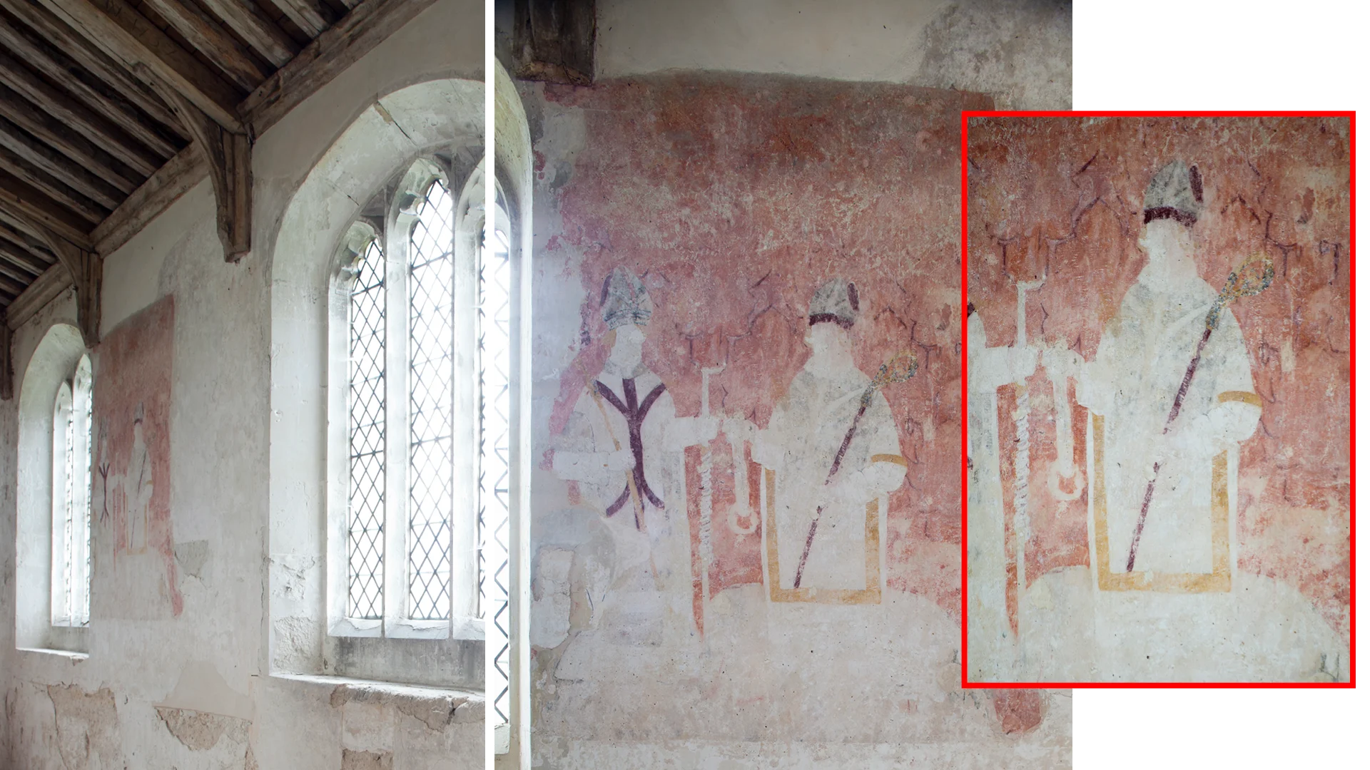 Wall paintings of St Erasmus/Elmo and St Leonard on red background on church interior