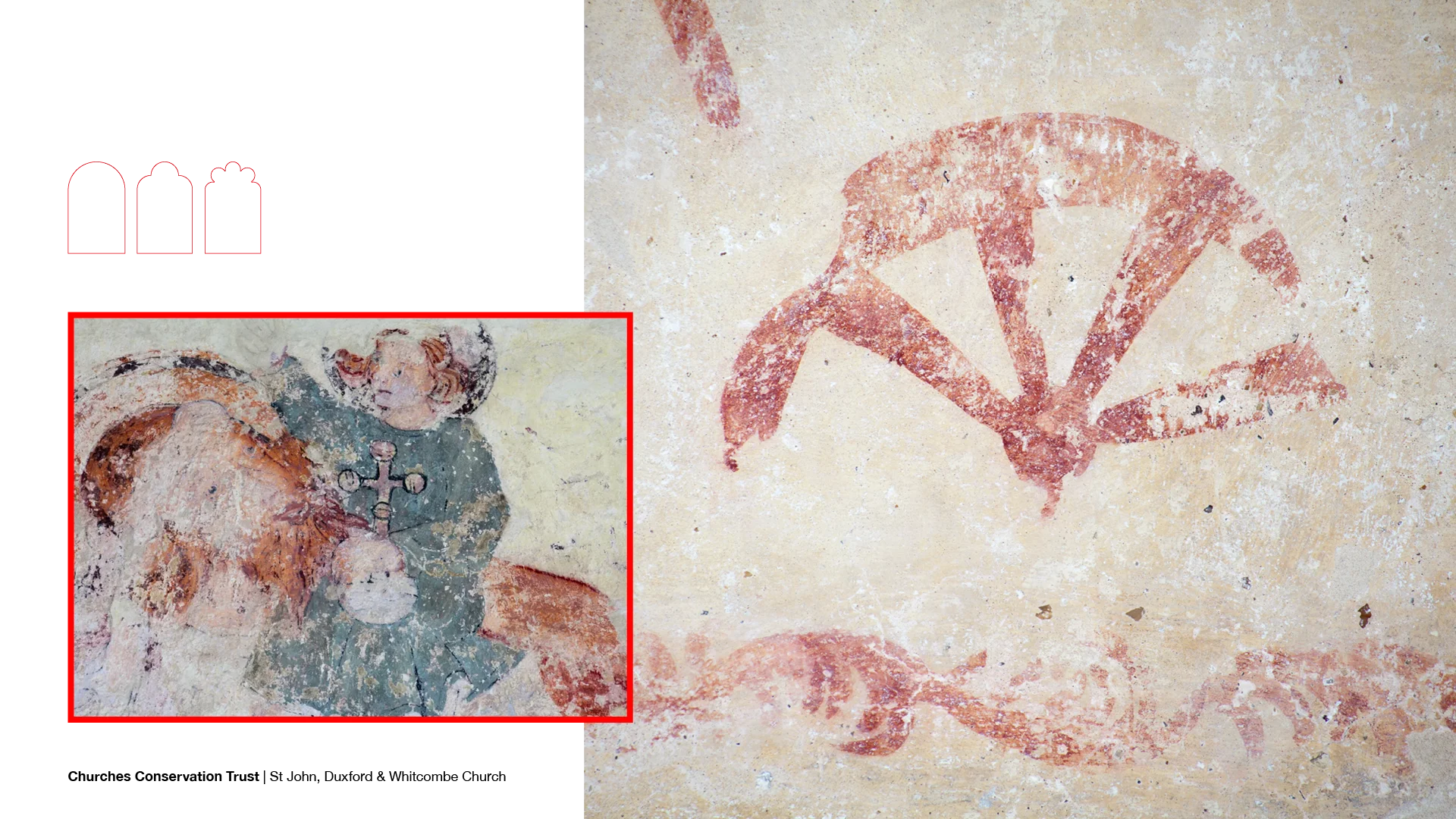 Wall paintings of figure in green cloak with long hair on left and red wheel on right
