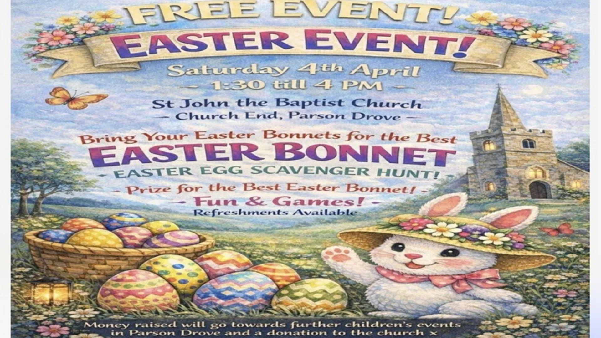 cartoon picture of an easter bunny with multi coloured easter eggs